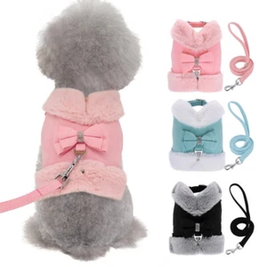 No Pull Dog Harness and Leash set Bow Fleece Puppy Vest Jacket with Fur Collar - Picture 1 of 15