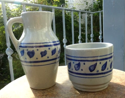 Keramik Vase, Krug + Topf, getöpfert, Schüssel,  handbemalt, grau + blau - Bild 1 von 3