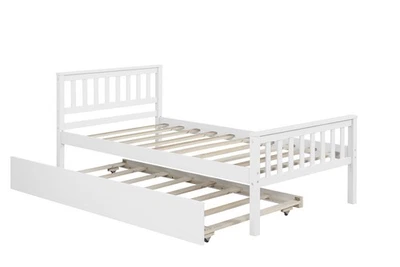 White Twin Platform Bed with Trundle – Space-Saving Frame with Headboard & - Image 1 of 4