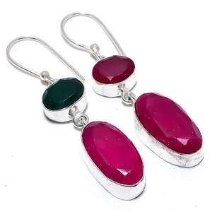 Red Simulated, Green Jade Gemstone 925 Sterling Silver Jewelry Earring 2.2" - Picture 1 of 5