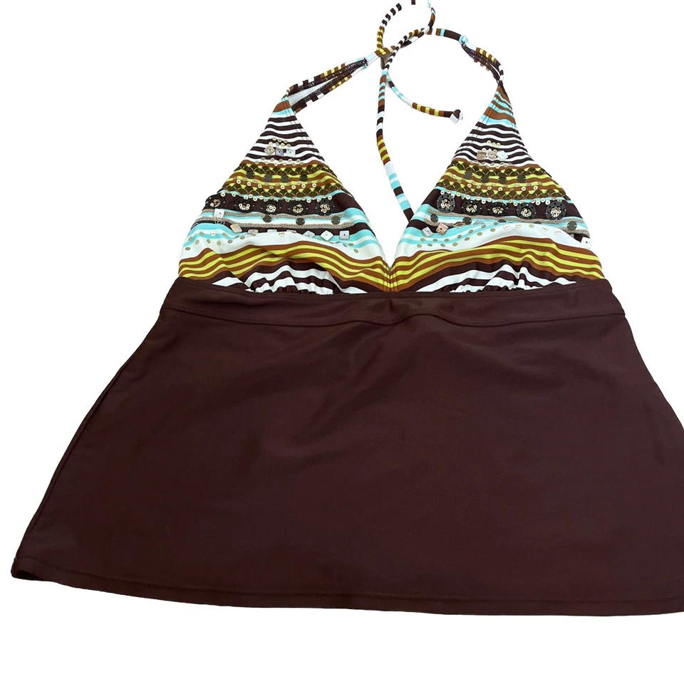 2 Bamboo Halter Tankini Womans DD Geometric Beaded Brown Tie Nylon Spandex - Image 1 of 4