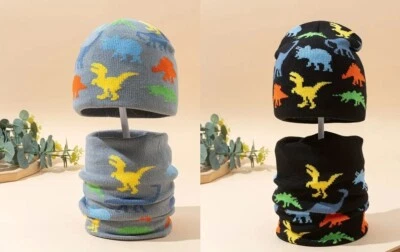 Juego de 2 sombreros y bufandas de punto para niños y niñas, patrón de dinosaurio, invierno Foto 1 de 4