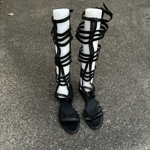 Zara Black Leather Gladiator Flat Knee Length Boots Sandals Size 7.5 US 38 EU - Picture 1 of 10