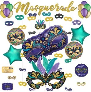 Mascarada Fiesta Decoraciones Banner Globos Recortes Gota Trasera Mardi Gras Máscaras - Imagen 1 de 16