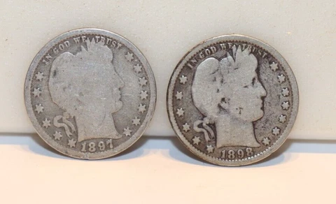 1897, 1898 US Barber Silver Quarters 25c G+ Cover