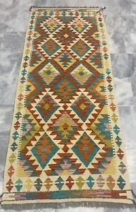Alfombra de salón Kilim de lana multicolor azteca geométrica hecha a mano afgana 79x199 cm - Imagen 1 de 3