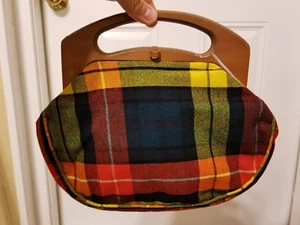 Vintage PLAID Purse Handbag w/ Wood Teak Handles! - Picture 1 of 7