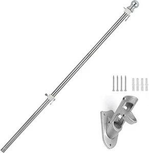 Silver 6FT Flag Kit Heavy Duty Bracket Metal Pole W/ 2Rotating Rings For Garden - Picture 1 of 3