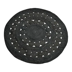 120cm Hand-Braided Jute Round Rug Reversible Black Living Area Rug Modern Carpet - Picture 1 of 2