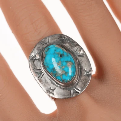Anillo navajo vintage de plata y turquesa talla 10 con estampados de estrellas Foto 1 de 4