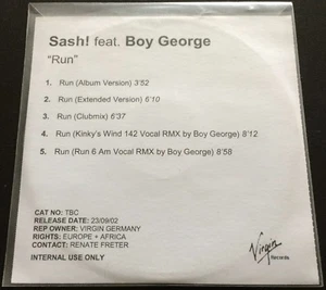 SASH! FEAT. BOY GEORGE Run RARE EU ACETATE CD-SINGLE PROMO For Internal Use Only - Picture 1 of 2