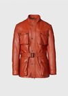 Men Leather Lambskin Genuine Orange Short Trench Coat Stylish Belted Handmade