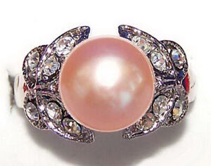 Fashion Real Pink Pearl White Gold Plated Crystal Butterfly Ring Size: 7.8.9