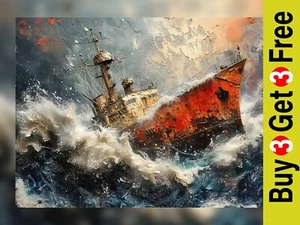 Sea Fury, Oil Print, Nautical Ship Painting In A Storm, 5"x7" on Matte Paper - Picture 1 of 5
