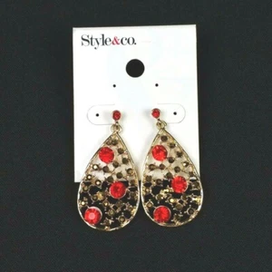 Style&co. Teardrop Earrings Red & Bronze Rhinestones Gold Tone Dangle - Picture 1 of 4