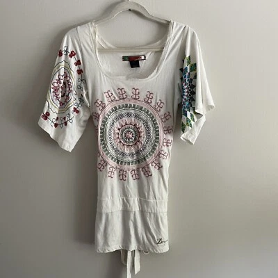 Top túnica Desigual Mujer XS Marfil Bordado Boho Envolvente Cinturón Cuello Redondo Eliona Foto 1 de 4