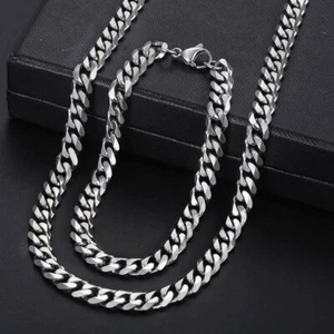 7MM Mens Necklace Bracelet Jewelry Set Stainless Steel Curb Cuban Chain 7"-30" - Picture 1 of 16