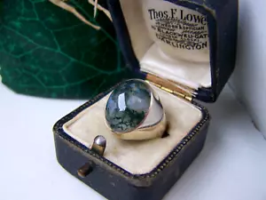 GORGEOUS VINTAGE 925 SOLID STERLING SILVER GREEN MOSS AGATE SIGNET RING SIZE O - Picture 1 of 15