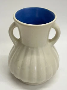 Vintage Art Deco RumRill Handmade Double-Handle 6" Vase 320 White/Blue Pottery - Picture 1 of 12