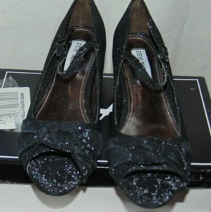 SIZE 4 STEVE MADDEN JBETTY YOUTH GIRLS BLACK SHIMMER OPEN TOE HEELS - Picture 1 of 6