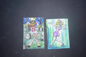 ACEO ORIGINAL ART CARDS HALOWEEN ZOMBIE DANCE OFF B LOT OF 2 WATERCOLOR - Picture 1 of 3