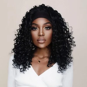 WIGS Curly Headband Wig 22in Black Deep Wave Glueless Kinky Curly Wigs for - Picture 1 of 6