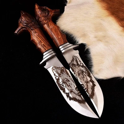 Par de cuchillos de caza vikingos con cabeza Fenrir hechos a mano hoja de lobo cuchillo Bowie vikingo Foto 1 de 4