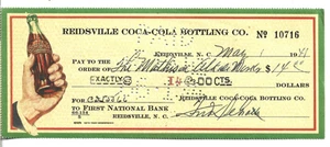 REIDSVILLE COCA-COLA BOTTLING CO. CHECK.  EARLY STYLE CHECK.  1941 HAND HOLD - Picture 1 of 1