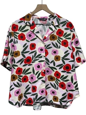 Marimekko x Uniqlo Floral Women Top Sz L Button Up Boxy Multicolor Lagenlook - Image 1 of 4