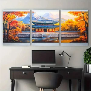 3pcs Korean Traditional Architecture with Autumn Wall Art Canvas Unframed/Framed - Foto 1 di 9