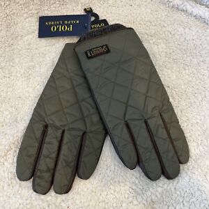 Polo Ralph Lauren Mens Olive & Brown Leather Quilted Gloves NEW Size Medium