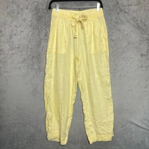 Minimalist High Waist Linen Yellow Pants Small Relaxed Fit Elastic Pocket Lagom - Picture 1 of 9