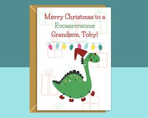 Personalised Grandson Dinosaur Christmas Card - Customisable Card for Grandson
