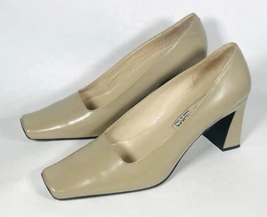 Vintage VIA SPIGA Heels Size 8 M  90s Beige Leather Square Toe Shoes - Picture 1 of 15