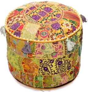 18" Indian Culture Kachchi Embroidered Ottoman Pouf Stool Chair Cover Yellow - Picture 1 of 6