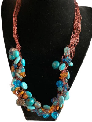 New Glass Pearl Crochet Beaded Handmade Necklace 19" Long Faux Pearl Teal Copper - Imagem 1 de 4