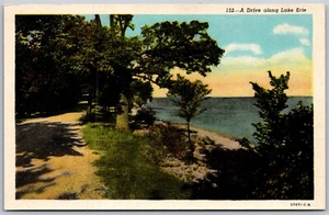 Postal de colección Ohio OH A Drive Along Lake Erie Dirt Road años 30 vista de lino - Imagen 1 de 2
