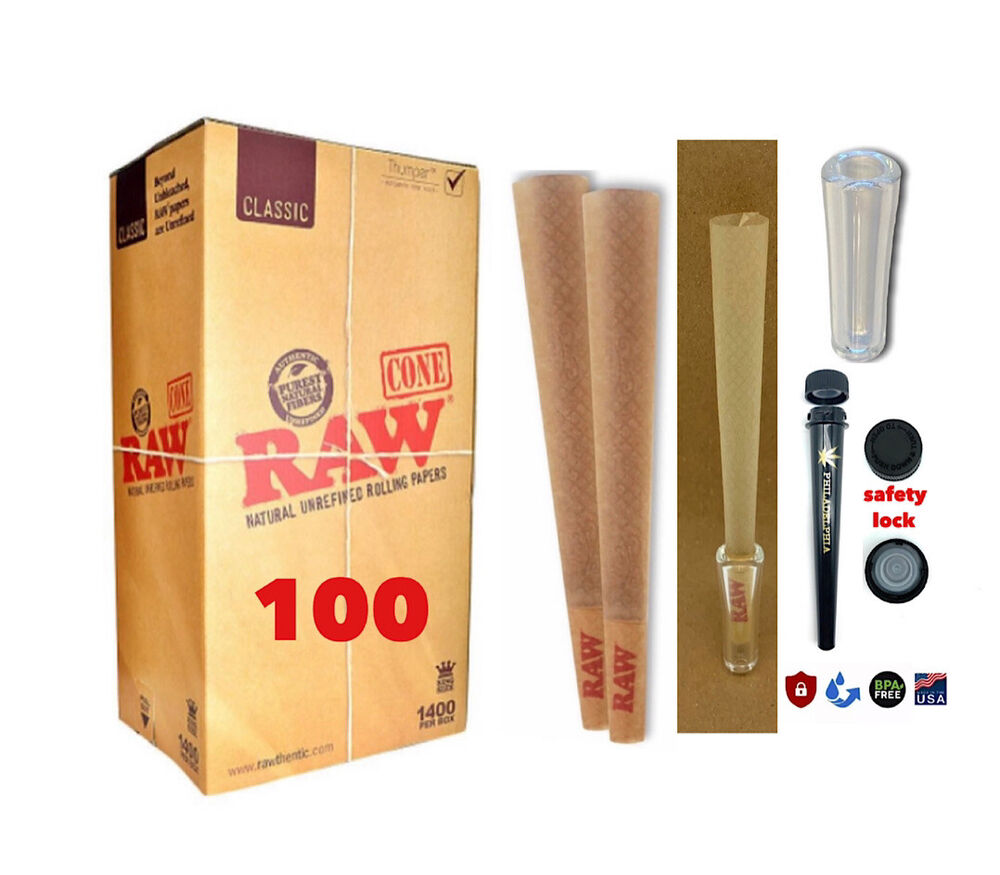 RAW Classic King Size Cone AUTHENTIC(100 pack)+phily tube+glass cone tip