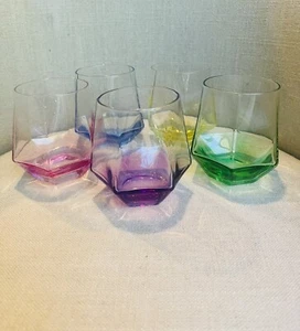 5 Vintage Diamond Stemless Wine/Whiskey Old Fashion Glasses Multi Colors .NICE - Picture 1 of 15
