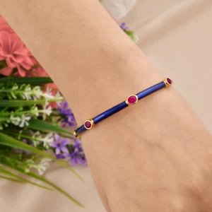 2.35 Ct Oval Cut Ruby Gemstone Bangle Gift Blue Enamel 18k Yellow Gold Bracelet - Picture 1 of 8