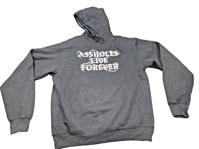 As*holes live Forever Pullover Hoodie Unisex M Gray Ribbed Hem Drawstring Cotton - Image 1 of 4