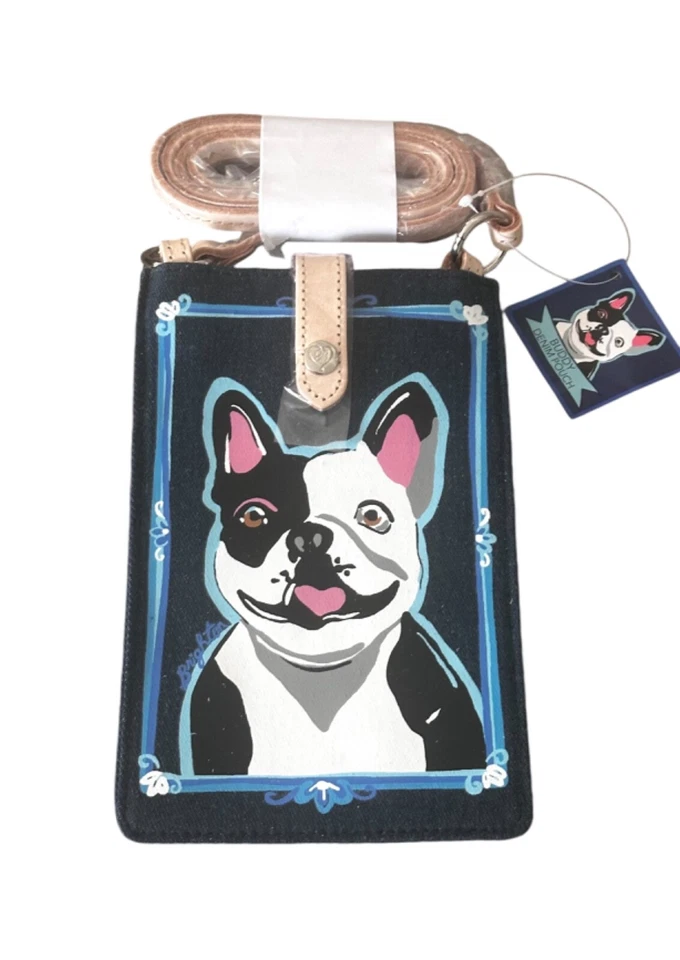 Brighton Buddy Denim Pouch Crossbody -Dog- leather strap- 2 outside slot- blue