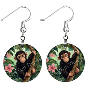 Pink Flowers Chimpanzee Dangle Earrings NO TARNISHING Wood Chimp Lover Gift - Picture 1 of 6