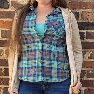C&C California plaid flannel button down shirt blue green extra small - Picture 1 of 3