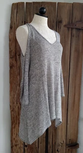 Cold Shoulder Pullover Damen groß grau schwarz gold metallic Faden 3/4 Ärmel - Bild 1 von 9