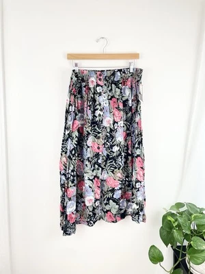 Vtg 80s Black Pink Cottagecore Midi Floral Skirt Women’s Plus 22 NWT - Image 1 of 4