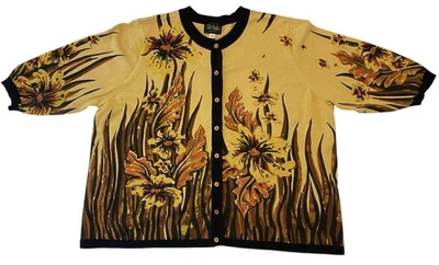 Bob Mackie 3X Button Cardigan Yellow Brown Floral Autumn Leaves Harvest Artsy - Image 1 of 4