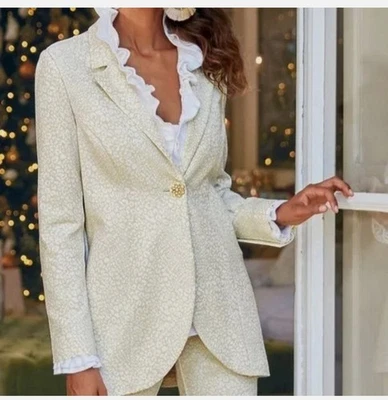 Soft Surroundings Cream Leontine Leopard Blazer Jeweled Buttons Sz L - Image 1 of 4