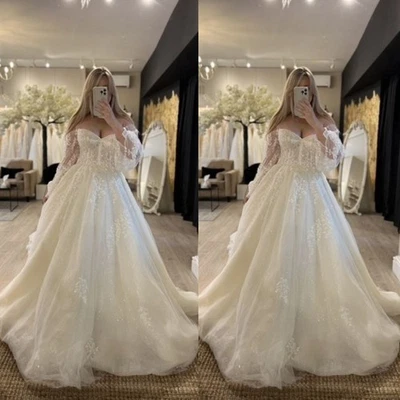 Elegantes vestidos de noiva de renda mangas compridas fora do ombro plus size vestido de noiva - Imagem 1 de 4