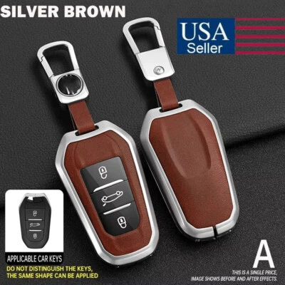 Funda Carcasa Llavero Cuero Marrón Plateado Para Peugeot 2008 3008 4008 5008 508 Foto 1 de 4